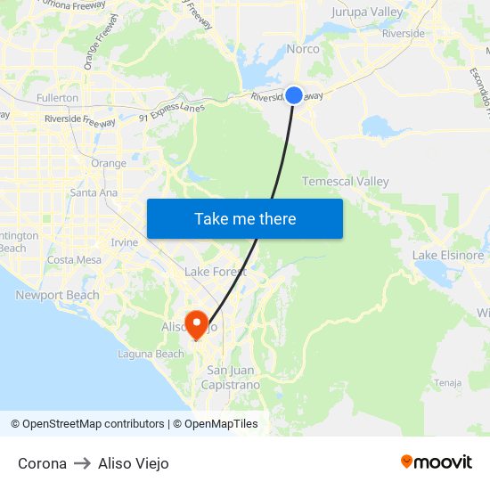 Corona to Aliso Viejo map