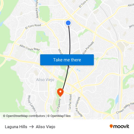 Laguna Hills to Aliso Viejo map