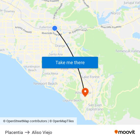 Placentia to Aliso Viejo map