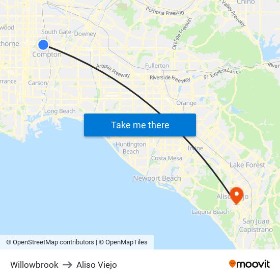 Willowbrook to Aliso Viejo map