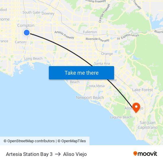 Artesia Station Bay 3 to Aliso Viejo map