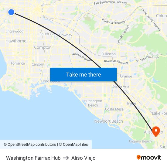 Washington Fairfax Hub to Aliso Viejo map