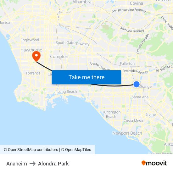 Anaheim to Alondra Park map