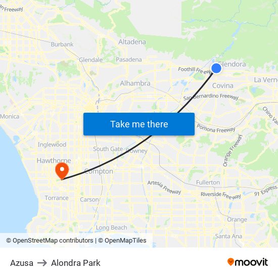 Azusa to Alondra Park map