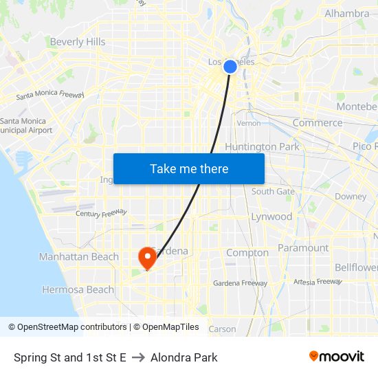 Spring St and 1st St E to Alondra Park map