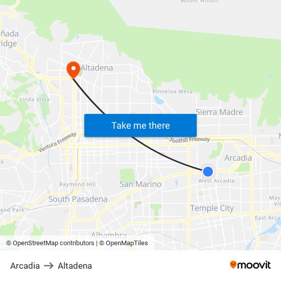 Arcadia to Altadena map