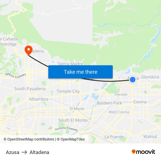 Azusa to Altadena map