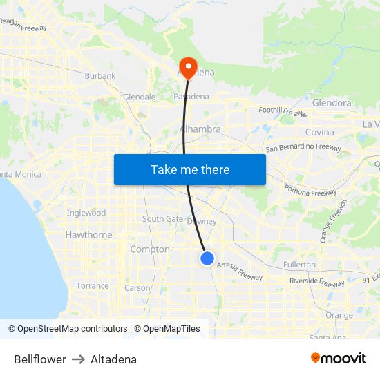 Bellflower to Altadena map