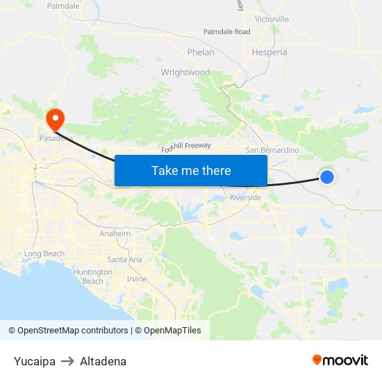 Yucaipa to Altadena map