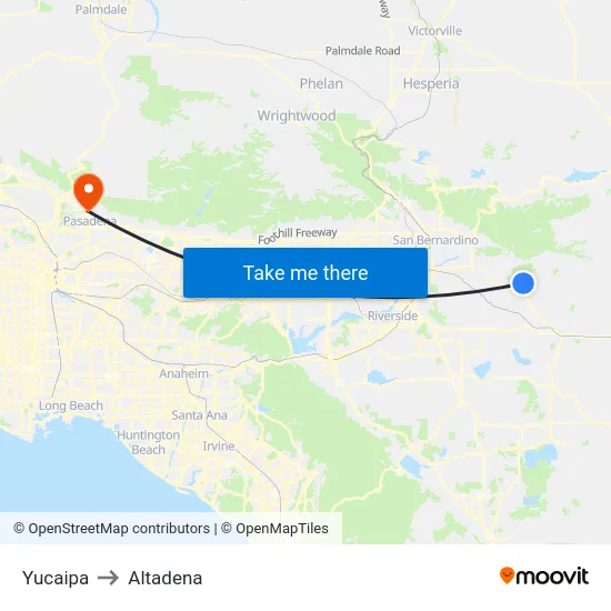 Yucaipa to Altadena map