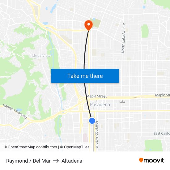 Raymond / Del Mar to Altadena map