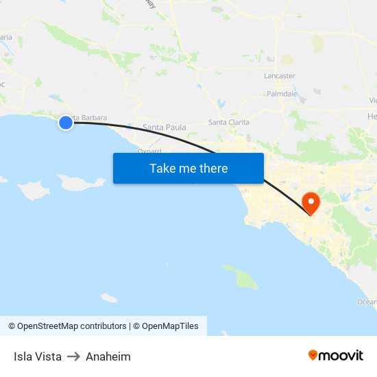 Isla Vista to Anaheim map
