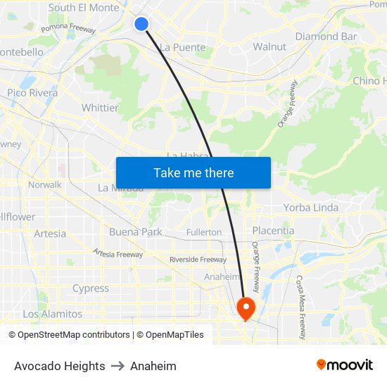 Avocado Heights to Anaheim map