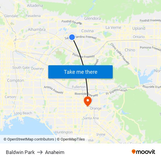 Baldwin Park to Anaheim map