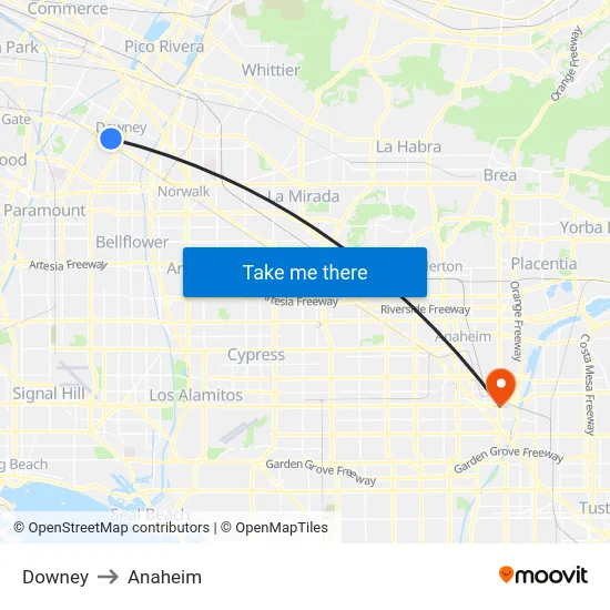 Downey to Anaheim map