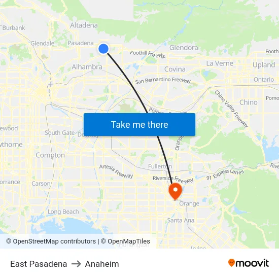 East Pasadena to Anaheim map