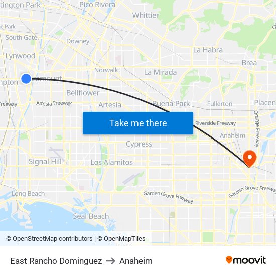 East Rancho Dominguez to Anaheim map