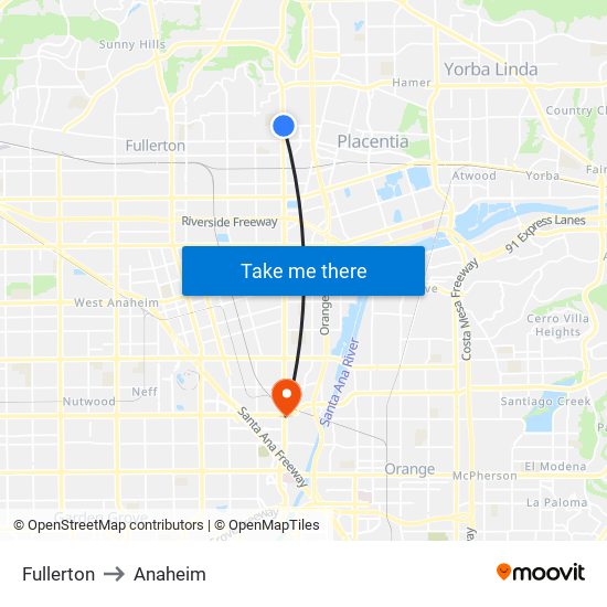 Fullerton to Anaheim map