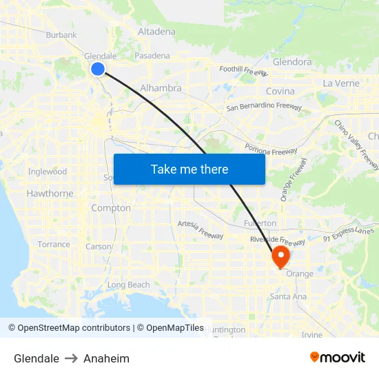 Glendale to Anaheim map