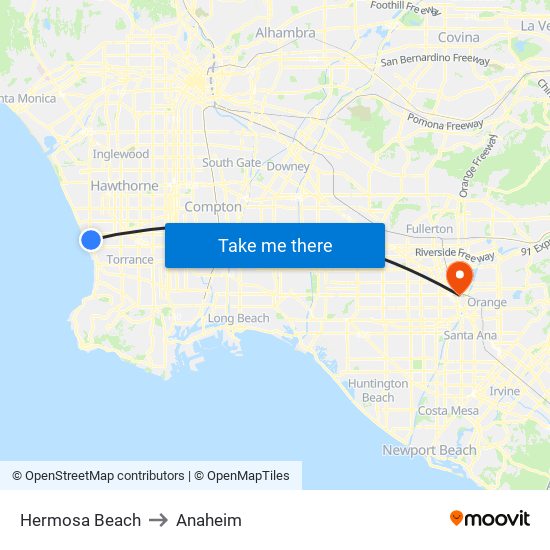 Hermosa Beach to Anaheim map