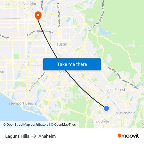 Laguna Hills to Anaheim map