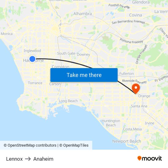 Lennox to Anaheim map
