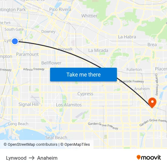 Lynwood to Anaheim map