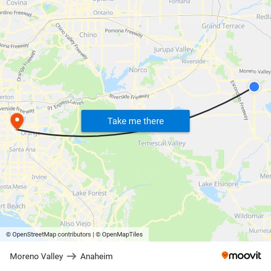 Moreno Valley to Anaheim map