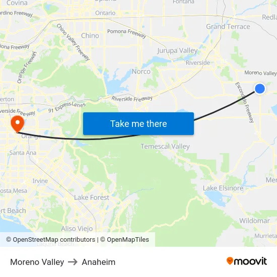 Moreno Valley to Anaheim map