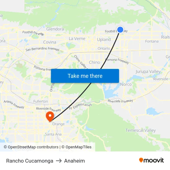 Rancho Cucamonga to Anaheim map