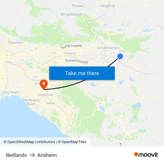 Redlands to Anaheim map