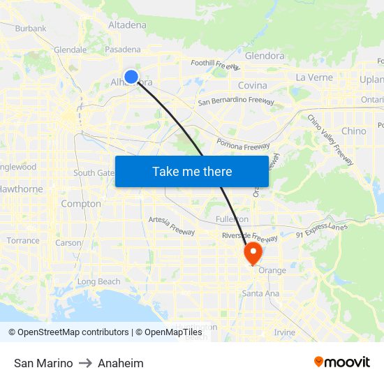 San Marino to Anaheim map