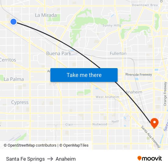 Santa Fe Springs to Anaheim map