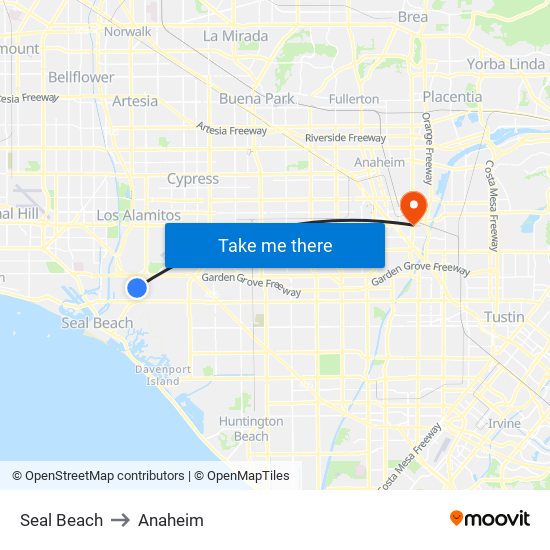 Seal Beach to Anaheim map