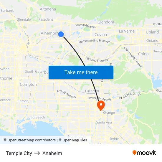 Temple City to Anaheim map