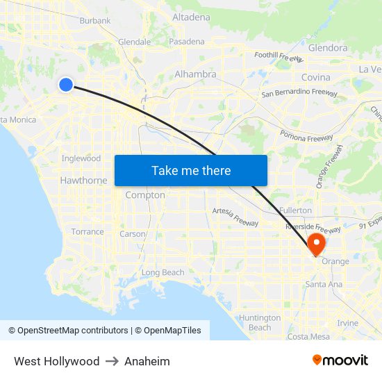 West Hollywood to Anaheim map