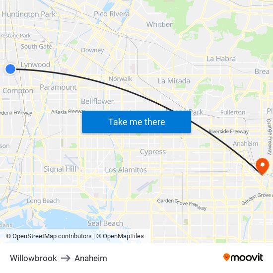 Willowbrook to Anaheim map