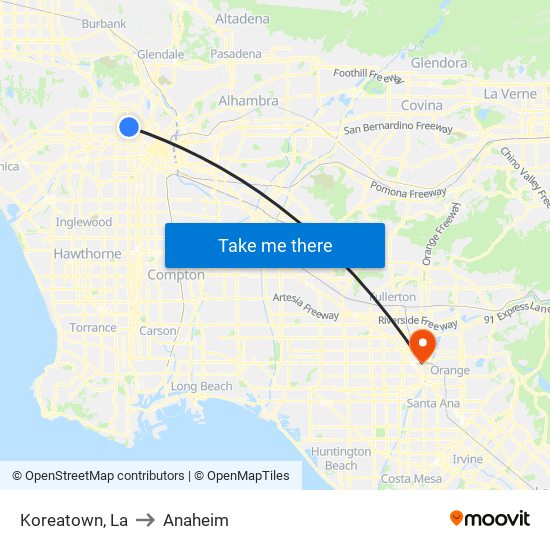 Koreatown, La to Anaheim map