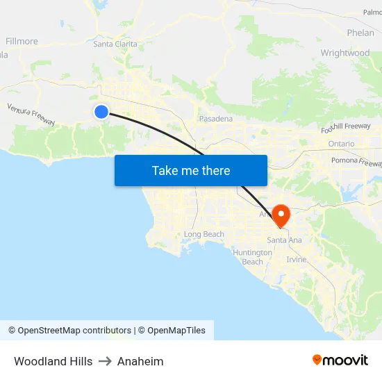 Woodland Hills to Anaheim map