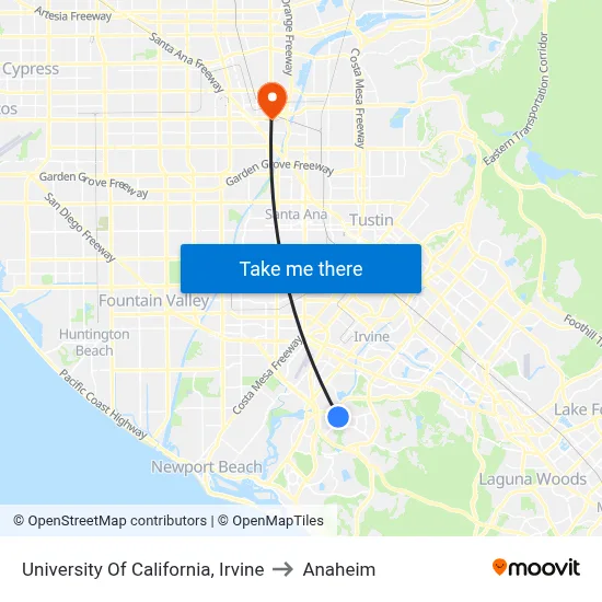 University Of California, Irvine to Anaheim map