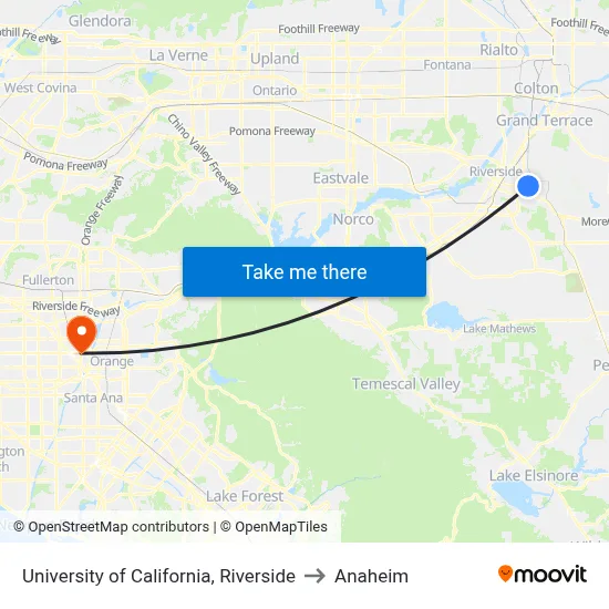 University of California, Riverside to Anaheim map