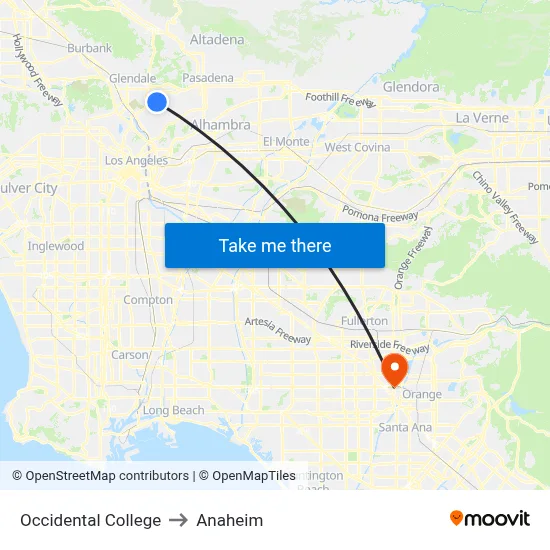 Occidental College to Anaheim map