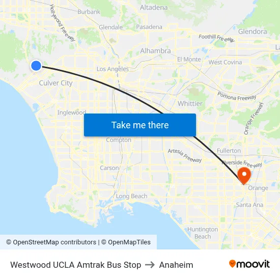 Westwood UCLA Amtrak Bus Stop to Anaheim map
