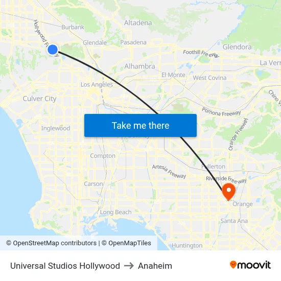 Universal Studios Hollywood to Anaheim map