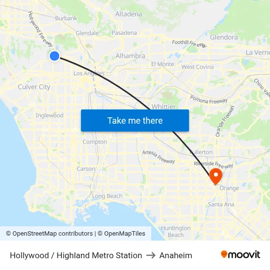 Hollywood / Highland Metro Station to Anaheim map