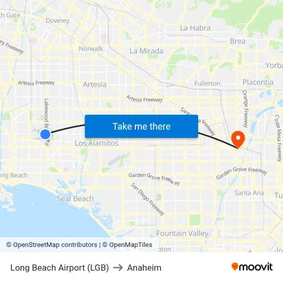 Long Beach Airport (LGB) to Anaheim map