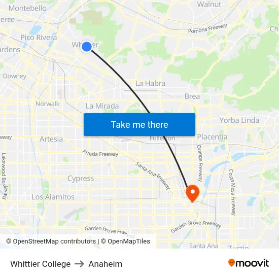 Whittier College to Anaheim map