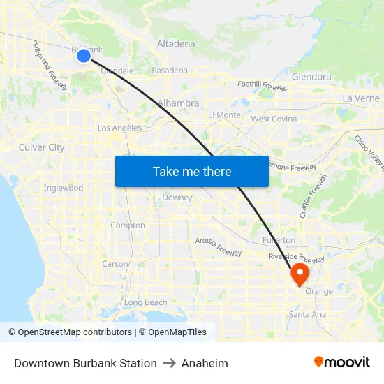 Downtown Burbank Station to Anaheim map