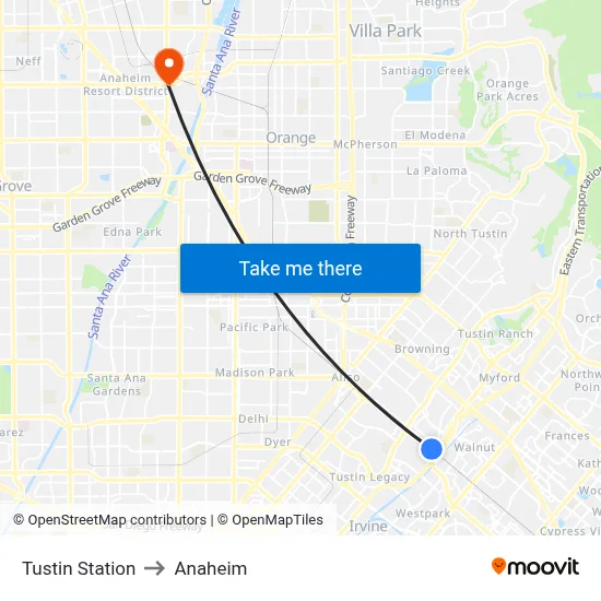 Tustin Station to Anaheim map
