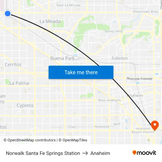 Norwalk Santa Fe Springs Station to Anaheim map